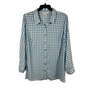 Denim & Co. 3X Blue White Gingham Check Button Front Long Sleeve Top Office